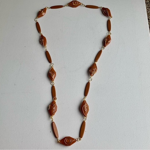 Vintage Butterscotch Beaded Long Necklace Golden Wire Wrapped Beads Elegant 21" - Picture 2 of 7